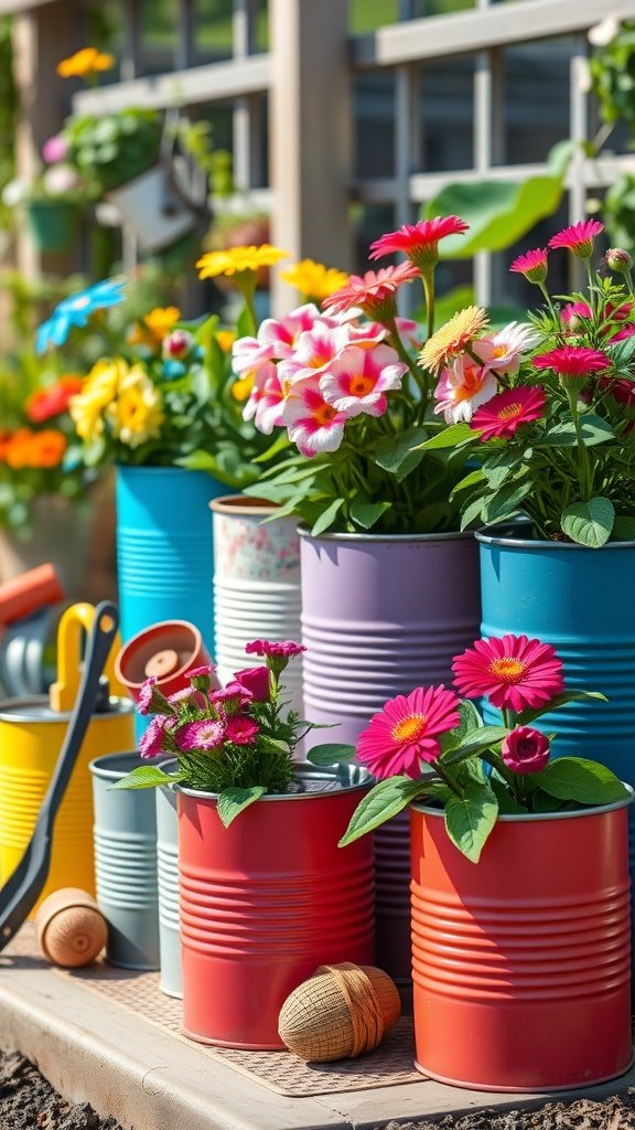 Colorful coffee cans used as planters with blooming flowers