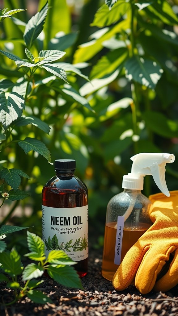 A bottle of neem oil, a spray bottle, and gardening gloves, set against green plants.