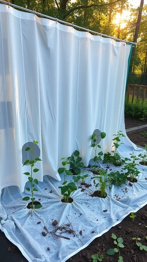 Old shower curtain used as a weed barrier in a vegetable garden