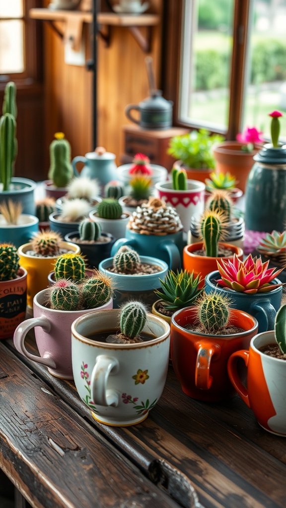 Quirky cactus planters made from old teacups and mugs.