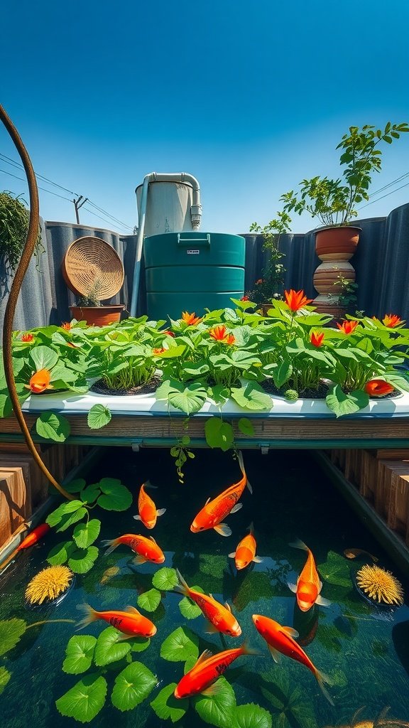 Aquaponic garden with fish, plants, and a rainwater collection tank