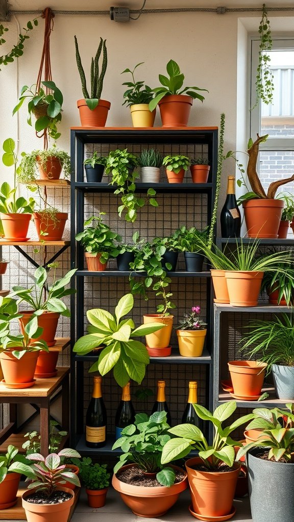 Indoor gardening setup featuring a repurposed wine rack with various plant pots.