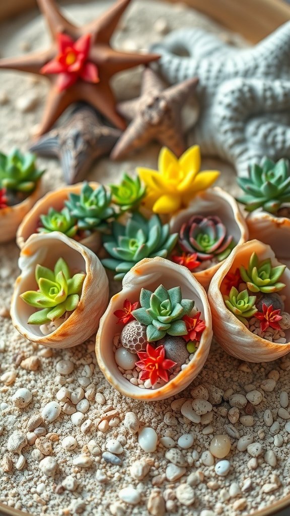 Miniature succulent planters made from seashells surrounded by sand and starfish.