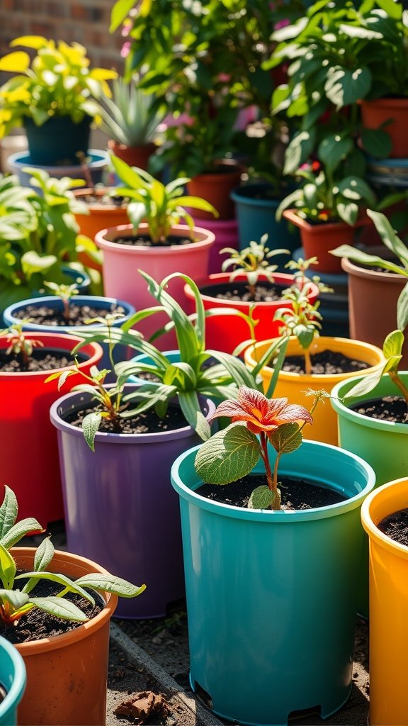 Colorful self-watering containers filled with various plants.