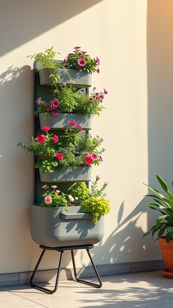 Vertical planter with colorful flowers and greenery against a wall