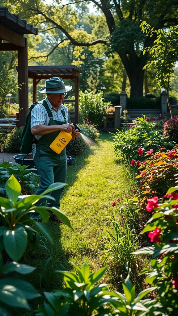 A gardener spraying vinegar solution in a bright garden filled with flowers.