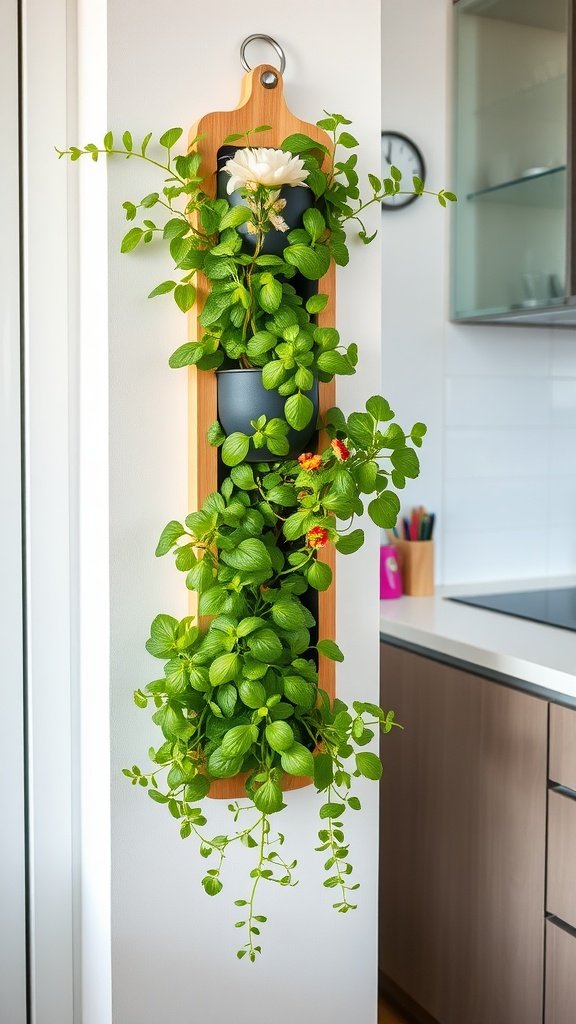 A wall-mounted planter with lush green plants, brightening up a kitchen space.