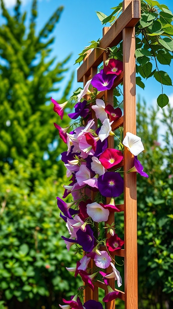 A wooden trellis with climbing morning glories in various shades of purple and white against a blue sky.