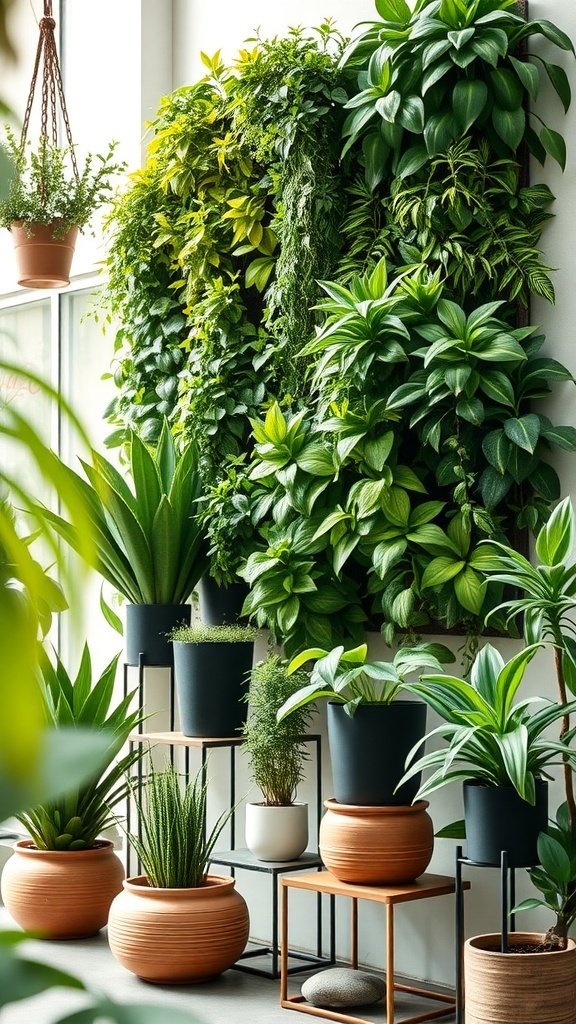 Vertical wall garden showcasing various plants in pots with a lush green backdrop, featuring modern plant stands.