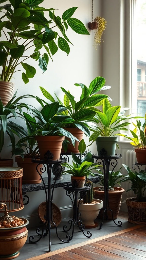 Victorian-style metal plant stands displaying various green houseplants by a window.