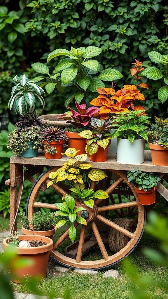 A wooden wagon wheel display with colorful potted plants in a lush garden setting.