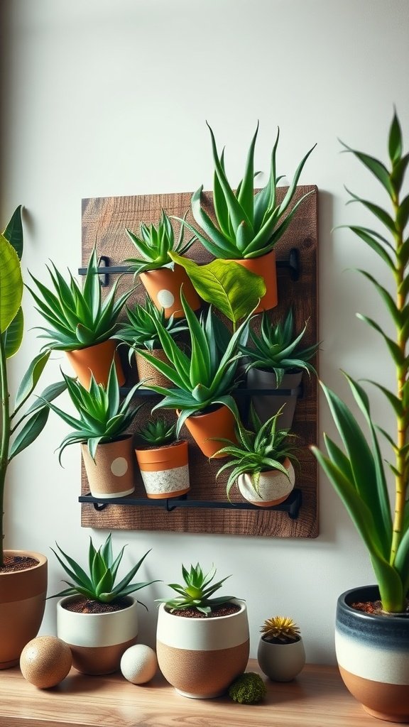 Vertical gardening with wall-mounted small pots for Aloe Vera plants