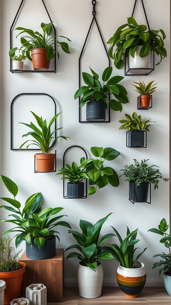 A collection of various houseplants displayed on wall-mounted metal stands, showcasing a mix of colors and sizes.