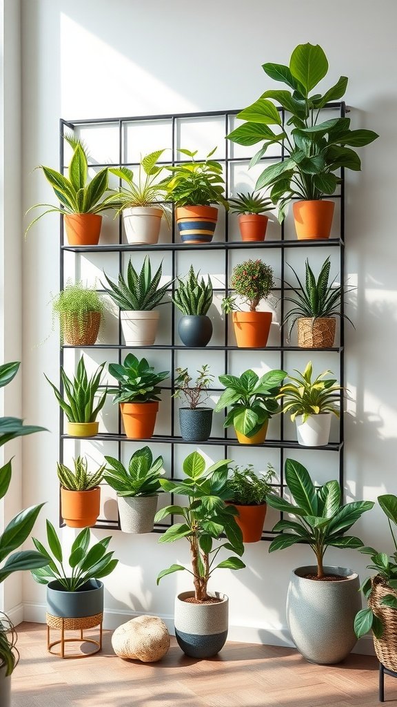 A stylish black wall-mounted grid showcasing a variety of indoor plants in colorful pots, enhancing the room's decor.