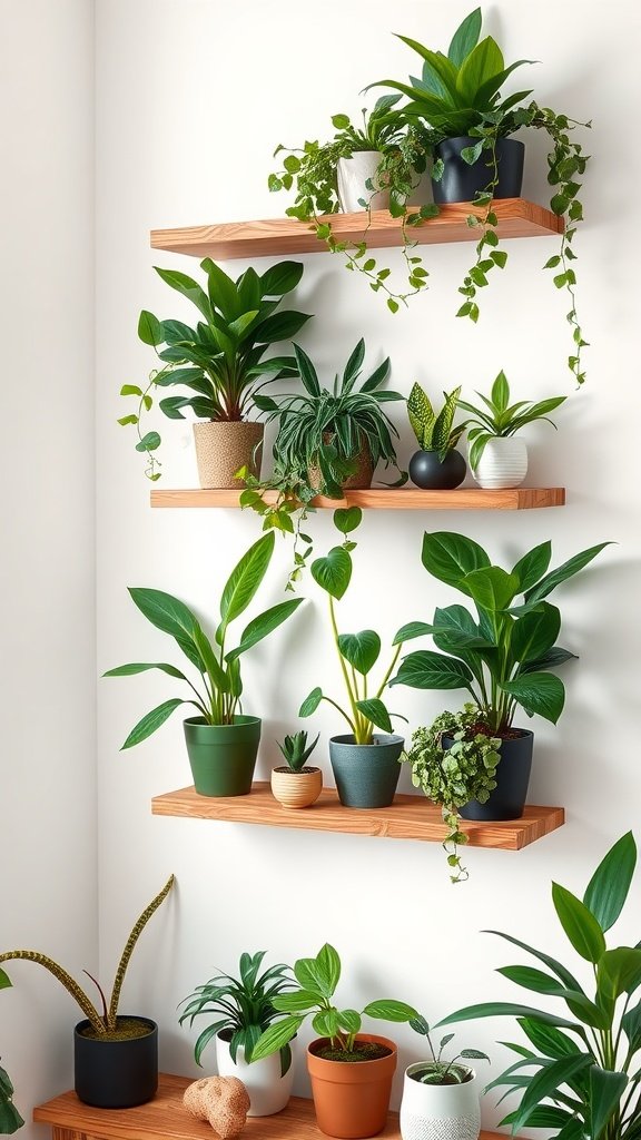 Floating wooden shelves displaying various houseplants