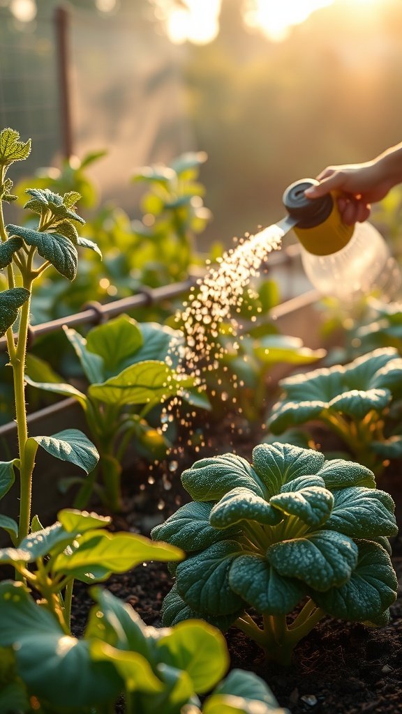 A hand watering a vegetable garden in the early morning light, with lush green plants and droplets sparkling in the sunlight.