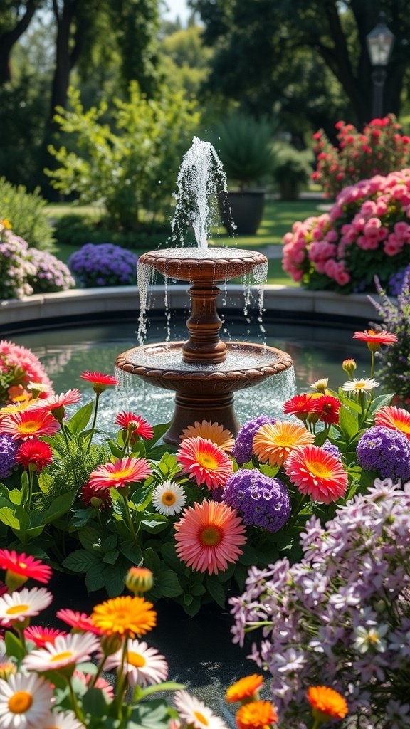 A beautiful fountain surrounded by colorful flowers in a garden setting.