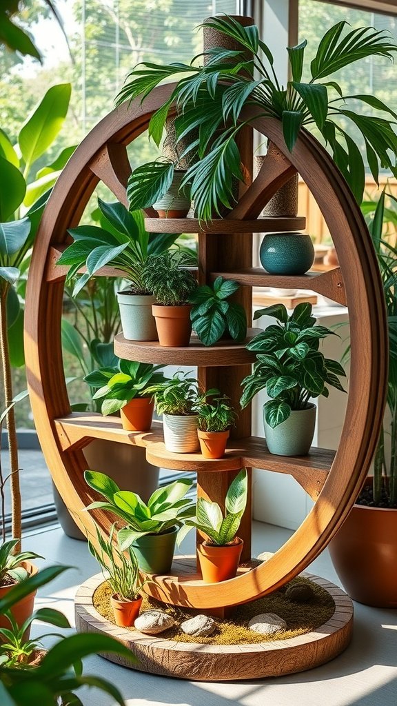 A decorative wheel-inspired wooden plant stand with multiple shelves displaying various potted plants.