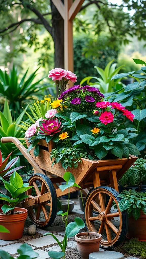 A decorative wooden wheelbarrow filled with vibrant flowers, surrounded by various potted plants in a lush garden.