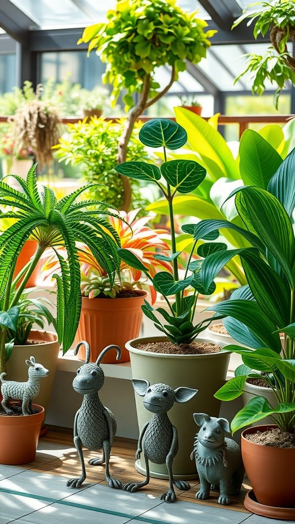 Whimsical animal-shaped metal plant stands surrounded by lush green plants