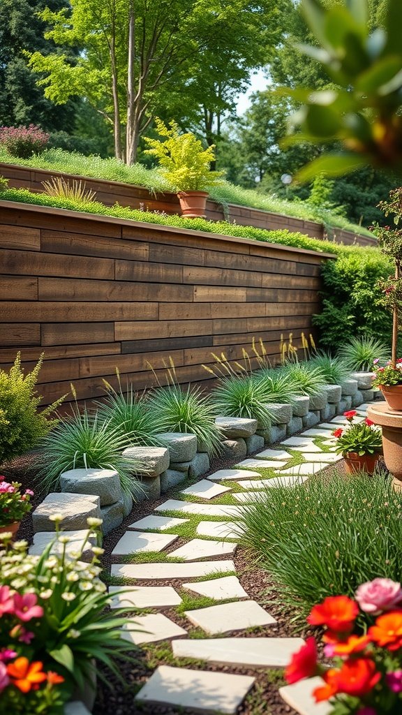 Wooden sleeper retaining wall with plants and a stone pathway