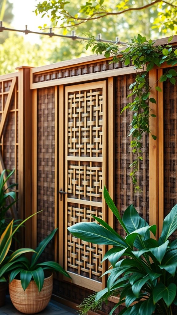 Woven wood privacy fence with a decorative gate and surrounding greenery.