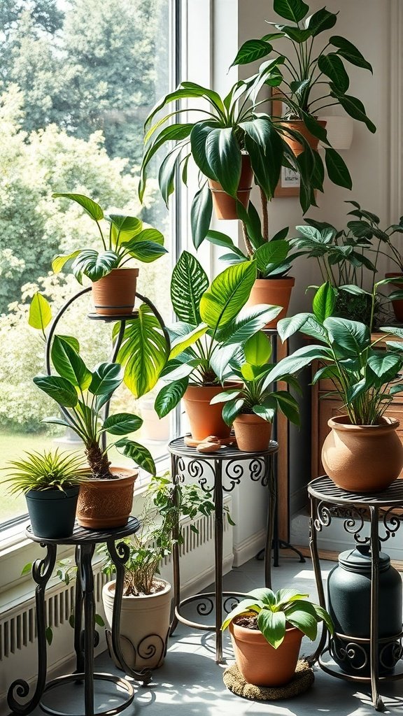 A bright interior featuring several plants displayed on elegant wrought iron plant stands near a large window.