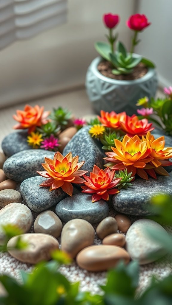 A serene flower garden design featuring colorful flowering succulents arranged among smooth stones.